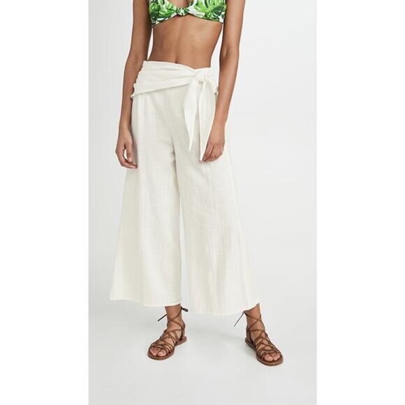 L Space Cotton Pants White Breezy Lightweight Summer Medium Tie Front Wide Leg - Picture 3 of 8
